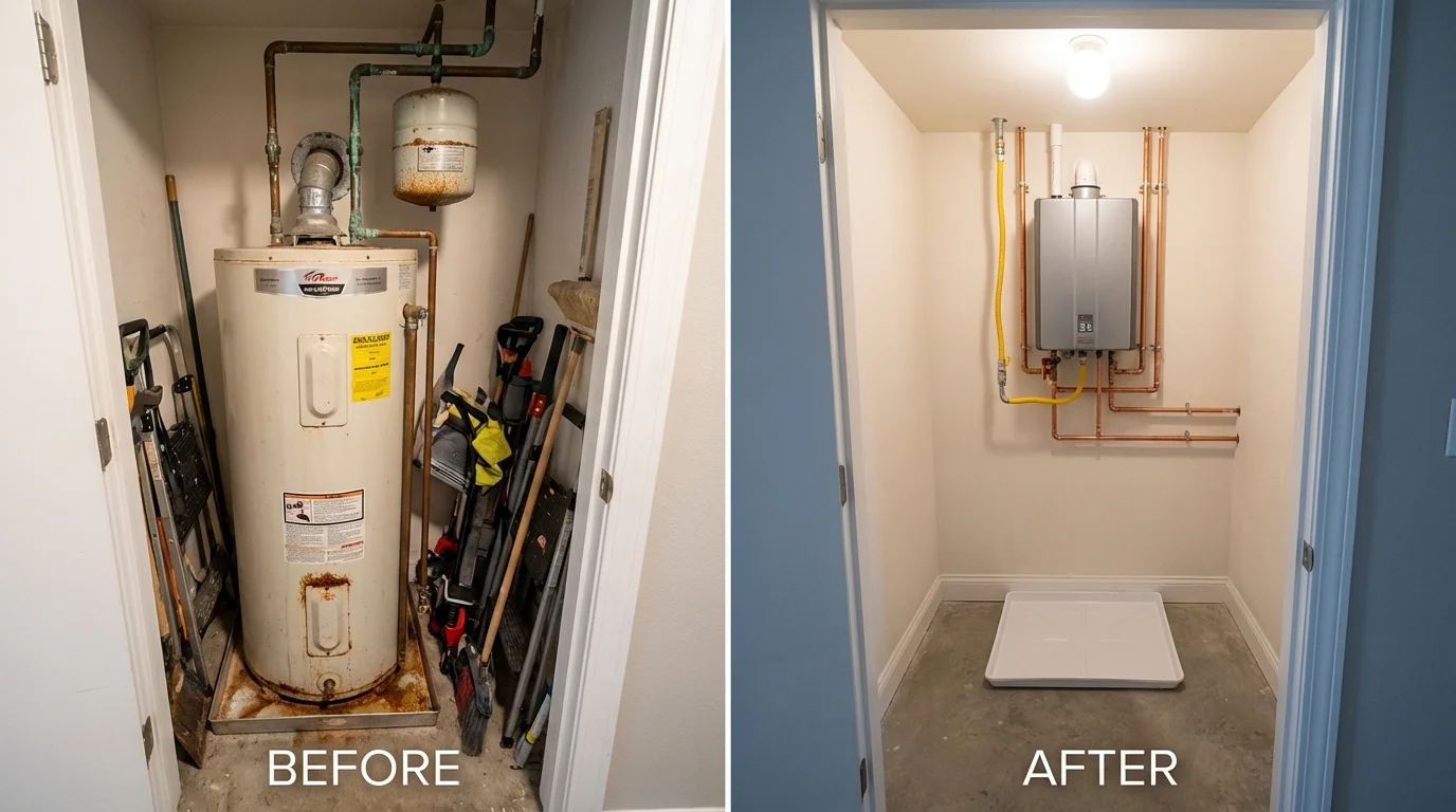 Tank water heater versus wall-mounted tankless unit comparison for Corydon, IA homeowners