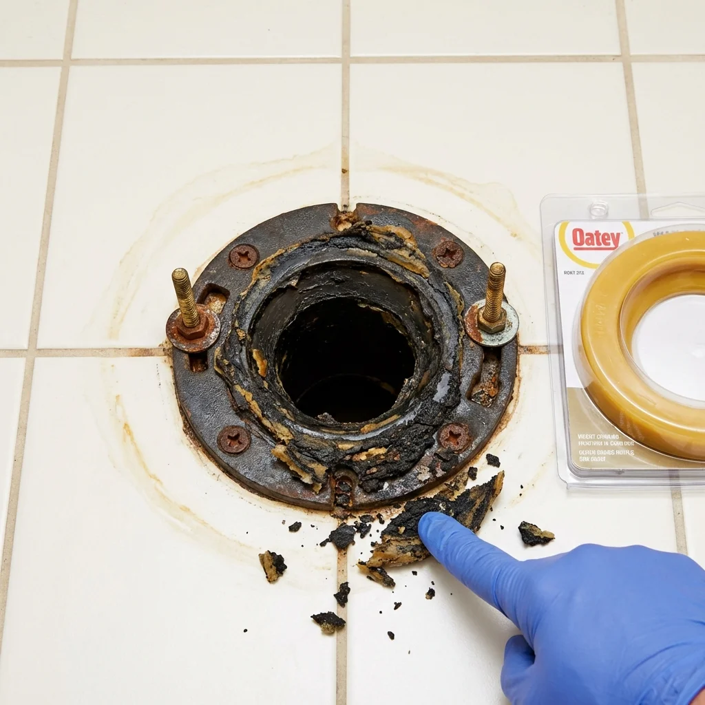 Failed wax ring showing water seepage at the base of a toilet in a Corydon, IA home