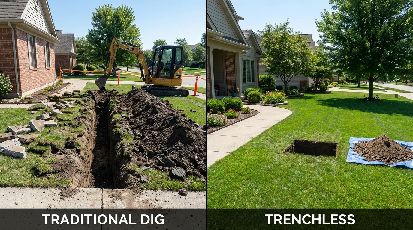 Trenchless sewer repair with minimal yard damage versus traditional excavation in Corydon, IA