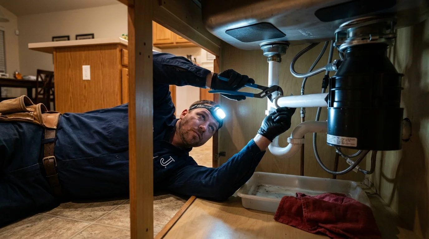 P-trap and supply line connections under a kitchen sink showing a common leak point in Corydon, IA